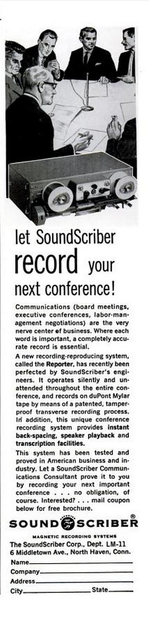 Soundscriber tape machine ad, circa 1960
